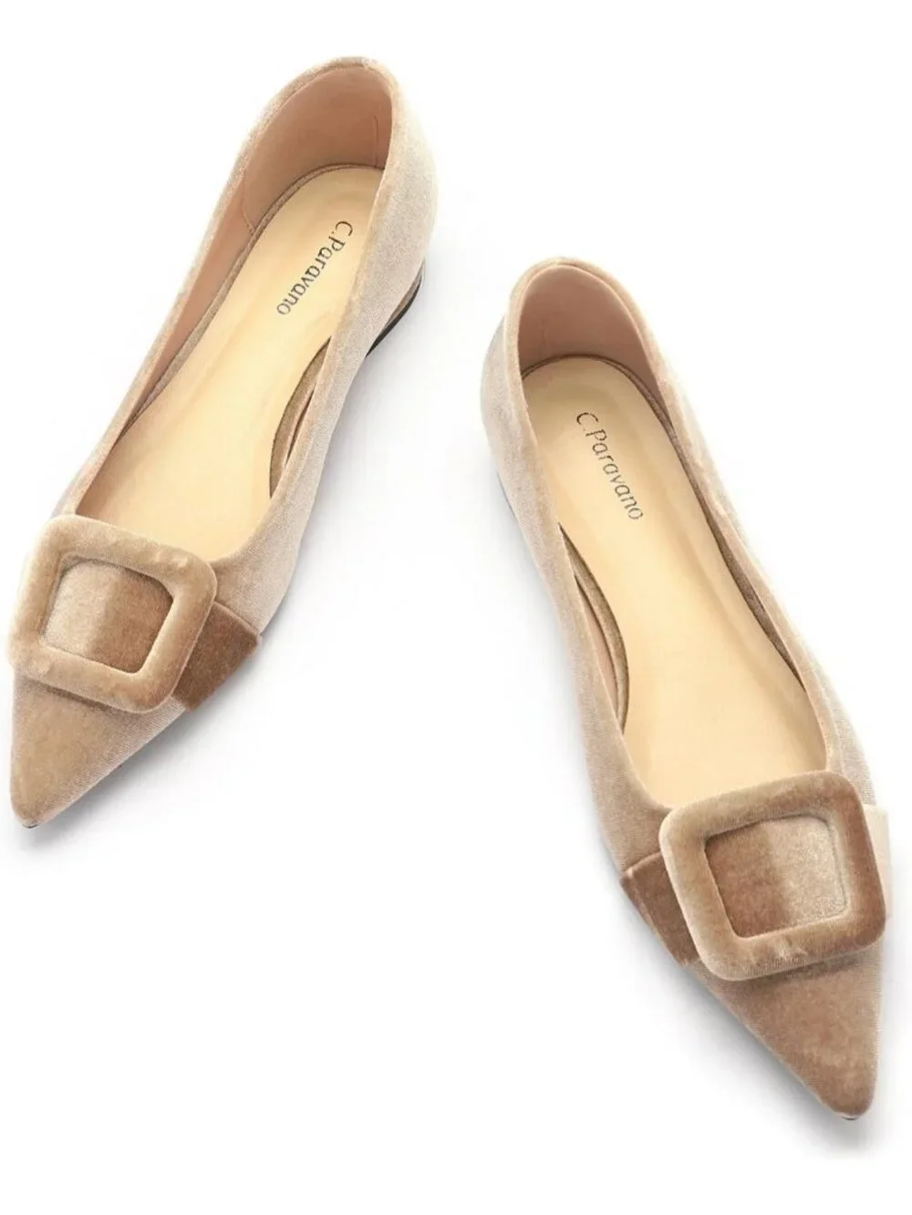 Women's Velvet Camel Pointed Toe Square Buckle Flats Slip-On Comfortable Shoes
